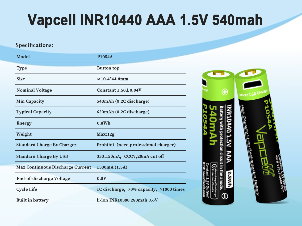 Vapcell P1054A 10440 540mah 1.5v AAA - Описание